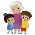 cartoon scene with happy loving family grandmother grandma children grandson and granddauhter on white background illustration for