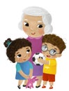 cartoon scene with happy loving family grandmother grandma children grandson and granddauhter on white background illustration for