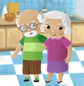 cartoon scene with happy loving family grandmother grandma grandfather grandpa husband wife in the kitchen illustration for kids