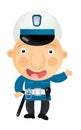 Cartoon scene with happy policeman on duty talking to radio on white background - illustration