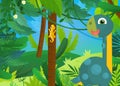 cartoon scene with happy prehistoric dinosaur living in the jungle illustration for children Royalty Free Stock Photo