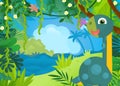 cartoon scene with happy prehistoric dinosaur living in the jungle illustration for children Royalty Free Stock Photo