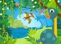 cartoon scene with happy prehistoric dinosaur living in the jungle illustration for children Royalty Free Stock Photo