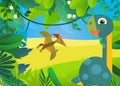 cartoon scene with happy prehistoric dinosaur living in the jungle illustration for children Royalty Free Stock Photo