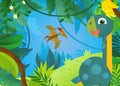 cartoon scene with happy prehistoric dinosaur living in the jungle illustration for children Royalty Free Stock Photo