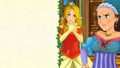 Cartoon scene with happy princess in the castle room being joyful