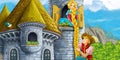 Cartoon scene with happy princess and prince near the castle illustration