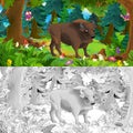 Cartoon scene with happy wild aurochs bison standing in the forest - illustration