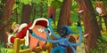 Cartoon scene with happy young boy prince in the forest encountering magical creature dwarf and pair of owls flying Royalty Free Stock Photo