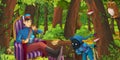 Cartoon scene with happy young boy prince in the forest encountering magical creature dwarf and pair of owls flying Royalty Free Stock Photo