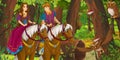 Cartoon scene with happy young boy prince and girl princess riding on horse in the forest encountering pair of owls flying Royalty Free Stock Photo