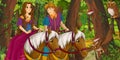 Cartoon scene with happy young boy prince and girl princess riding on horse in the forest encountering pair of owls flying Royalty Free Stock Photo