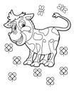 Cartoon scene with happy young cow near some flowers and flying bees - vector coloring page