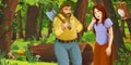 Cartoon scene with happy young girl princess and man lumberjack or hunter in the forest encountering pair of owls flying