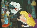 cartoon scene with hidden hole of some pantry full of jars with girl child and rabbit bunny illustration for children