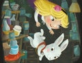 cartoon scene with hidden hole of some pantry full of jars with girl child and rabbit bunny illustration for children