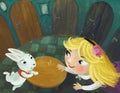 cartoon scene in the hidden room of some castle like house with lots of doors and round table and autumn leafs with girl child and