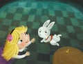 cartoon scene in the hidden room of some castle like house with lots of doors and round table and golden key with girl child and