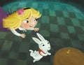 cartoon scene in the hidden room of some castle like house with lots of doors and round table and golden key with girl child and