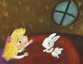 cartoon scene in the hidden room of some cosy house like house with girl child and rabbit bunny illustration for children