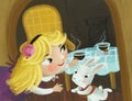 cartoon scene in the hidden room of some cosy house like house with lots of doors with girl child and rabbit bunny illustration