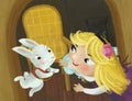 cartoon scene in the hidden room of some cosy house like house with lots of doors with girl child and rabbit bunny illustration