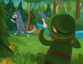 Cartoon scene with hunter forester hunting wolf in the forest illustration for children