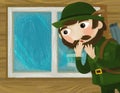 Cartoon scene with hunter forester man near the window of wooden farm house illustration for children