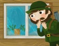Cartoon scene with hunter forester man near the window of wooden farm house illustration for children