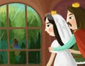 Cartoon husband and wife king and queen in castle illustration Royalty Free Stock Photo