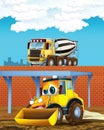 Cartoon scene with industry cars on construction site and concrete mixer - illustration for children