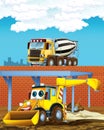 Cartoon scene with industry cars on construction site and concrete mixer - illustration for children