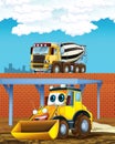 Cartoon scene with industry cars on construction site and concrete mixer - illustration for children