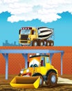 Cartoon scene with industry cars on construction site and concrete mixer - illustration for children