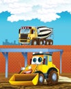 Cartoon scene with industry cars on construction site and concrete mixer - illustration for children