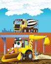 Cartoon scene with industry cars on construction site and concrete mixer - illustration for children