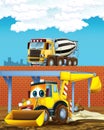 Cartoon scene with industry cars on construction site and concrete mixer - illustration for children