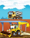 Cartoon scene with industry cars on construction site and concrete mixer - illustration for children