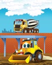 Cartoon scene with industry cars on construction site and concrete mixer - illustration for children