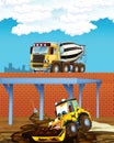 Cartoon scene with industry cars on construction site and concrete mixer - illustration for children