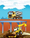 Cartoon scene with industry cars on construction site and concrete mixer - illustration for children