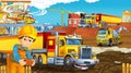 cartoon scene with industry cars on construction site and flying happy machine helicopter - illustration