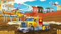 Cartoon scene with industry cars on construction site and flying helicopter - illustration for children