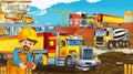 Cartoon scene with industry cars on construction site and flying helicopter and plane - illustration