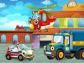 Cartoon scene with industry cars on construction site and flying helicopter and plane - illustration