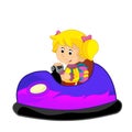 cartoon scene with kid girl driving funfair colorful bumper car isolated illustration for children