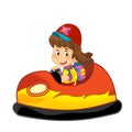 cartoon scene with kid girl driving funfair colorful bumper car isolated illustration for children Royalty Free Stock Photo