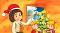 Cartoon scene with kids decorating christmas tree with mother or teacher - illustration