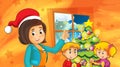 Cartoon scene with kids decorating christmas tree with mother or teacher - illustration