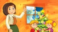 Cartoon scene with kids decorating christmas tree with mother or teacher - illustration